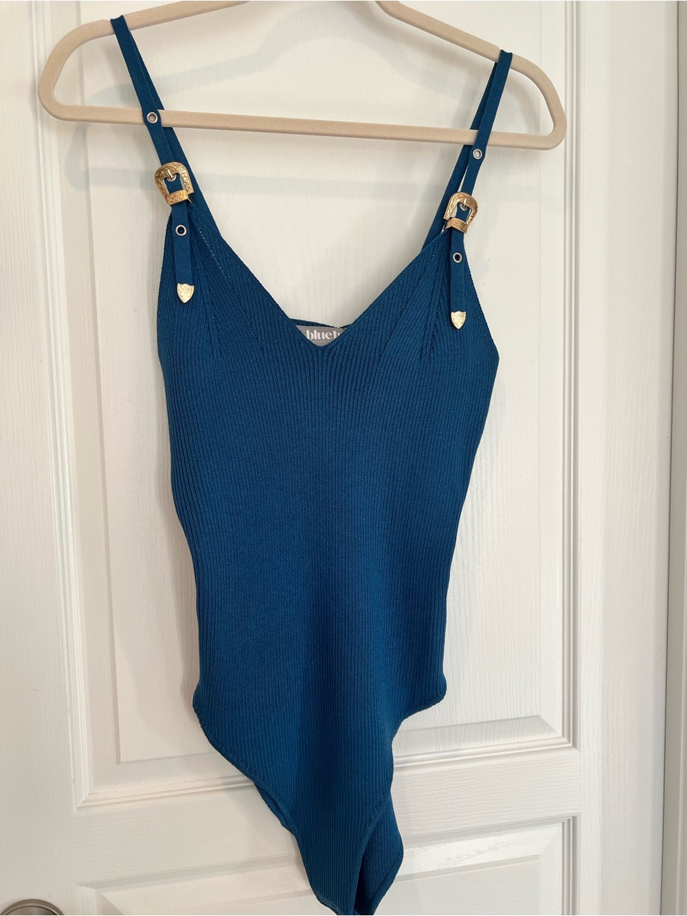 Teal Ribbed Bandeau Bodysuit with Gold Buckle Straps Bodycon Country Chic NWT
